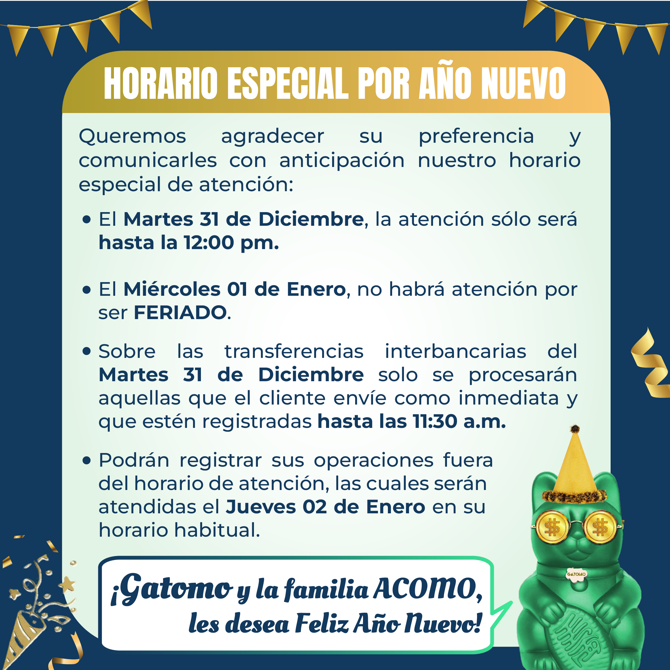 ACOMO - Horario de atención - Feriado